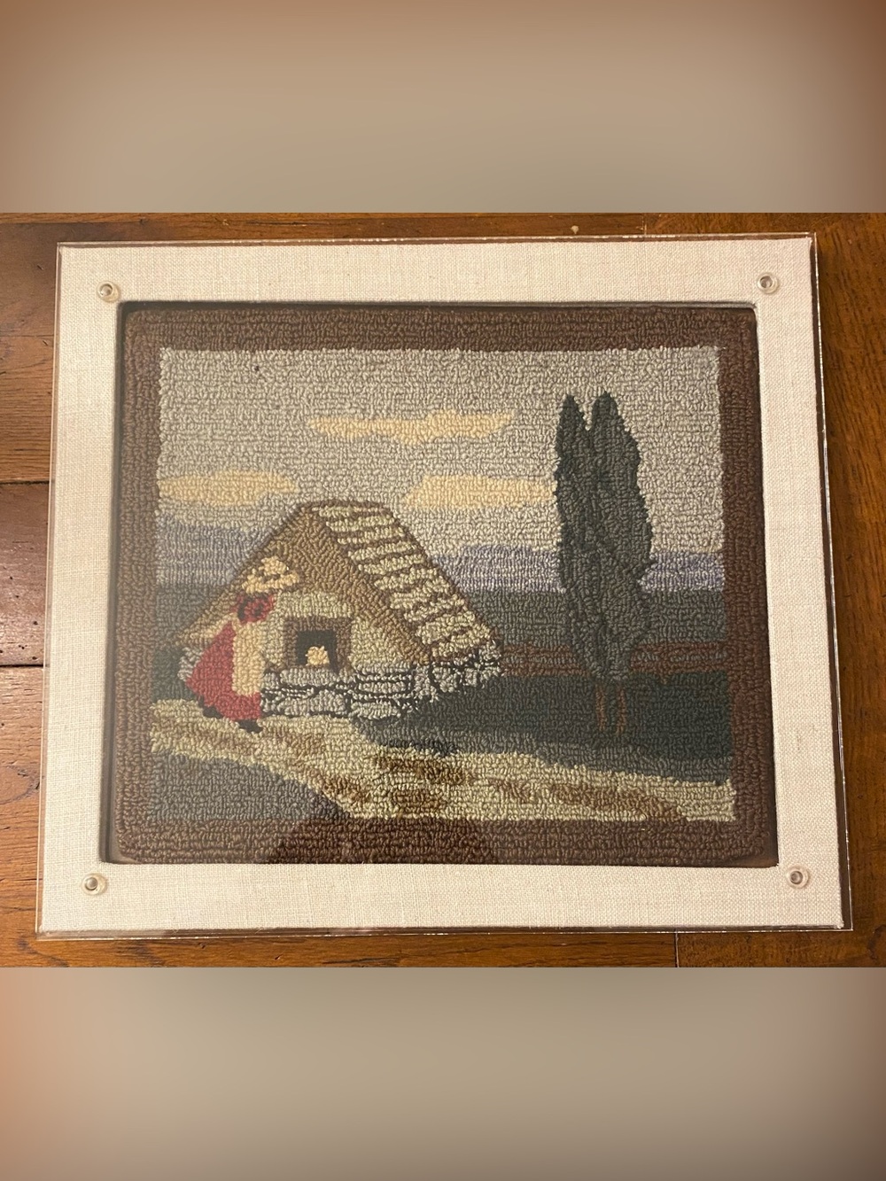 VTG Hook Rug in Clear Acrylic Double Sided Frame & Matte Woman Cabin Landscape